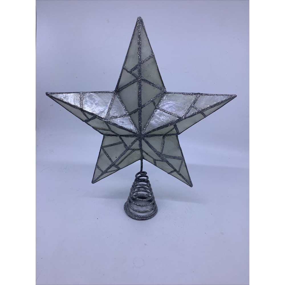 Silver Glitter Mosaic Star Christmas Tree Topper White Capiz Style 10 Inch